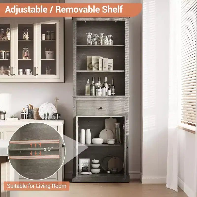 67" Tall Freestanding Storage Cabinet with Doors, Shelves & Drawer