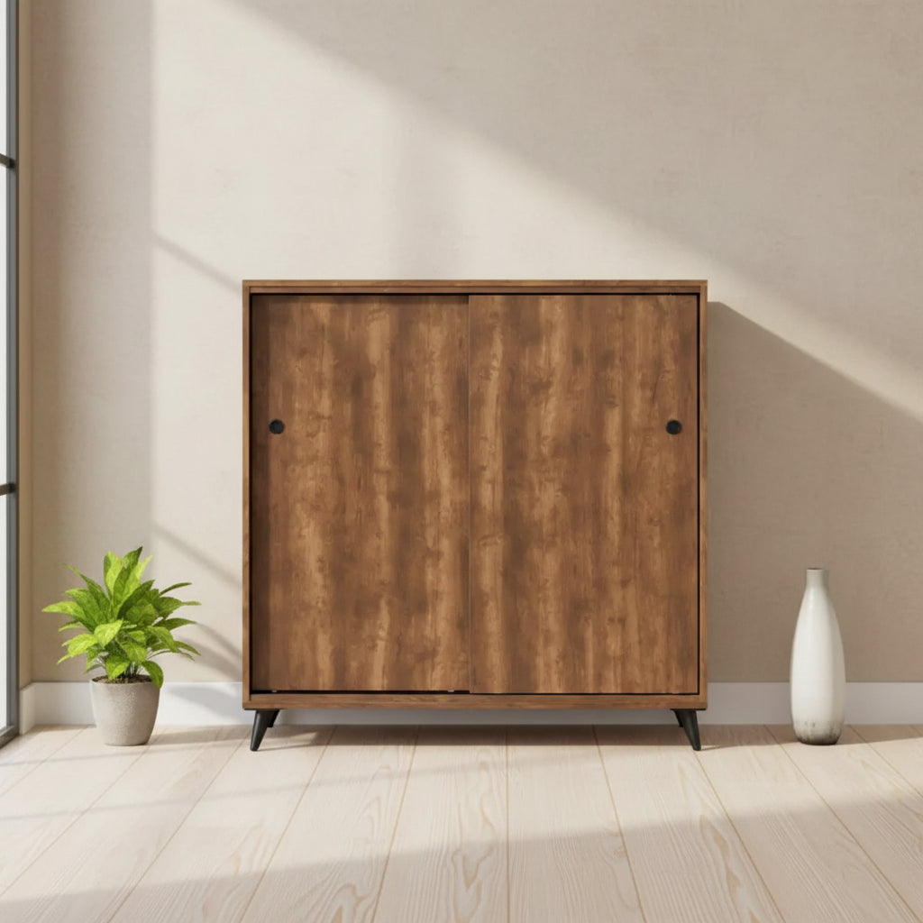 Royal Hampton Wooden Shoe Cabinet with 2 Sliding Doors and Splayed Legs, Oak Brown