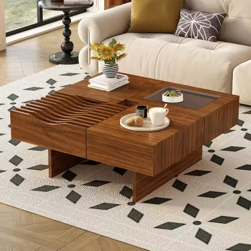 Extendable Square Coffee Table with Drawers & Tempered Glass Window