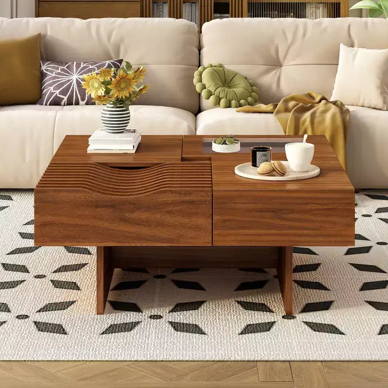 Extendable Square Coffee Table with Drawers & Tempered Glass Window