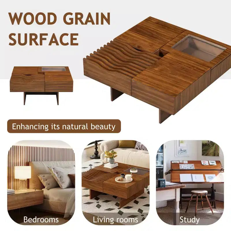 Extendable Square Coffee Table with Drawers & Tempered Glass Window