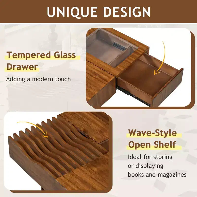 Extendable Square Coffee Table with Drawers & Tempered Glass Window