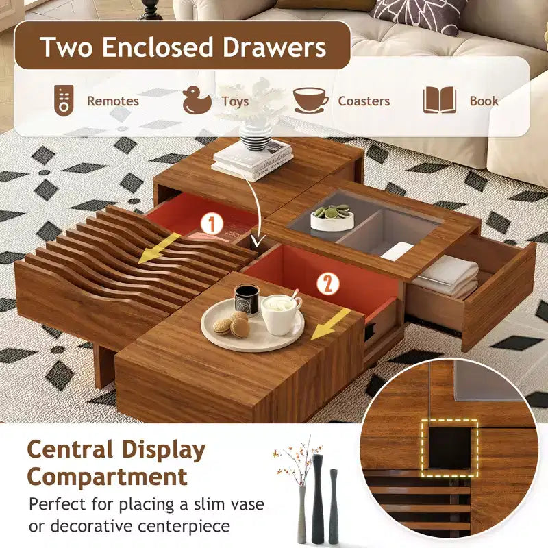 Extendable Square Coffee Table with Drawers & Tempered Glass Window