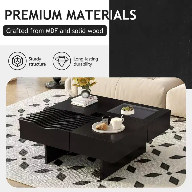 Extendable Square Coffee Table with Drawers & Tempered Glass Window