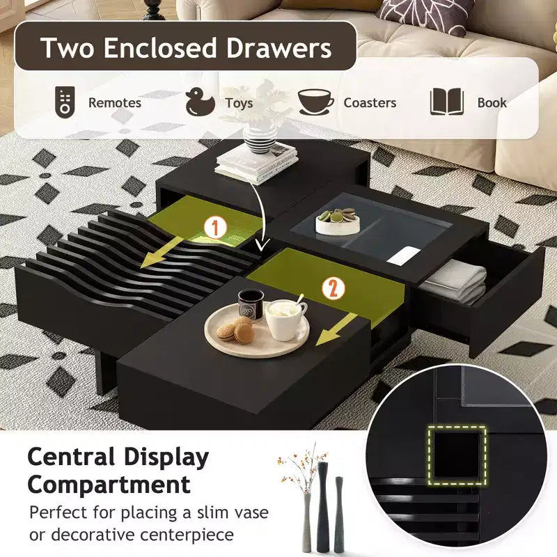 Extendable Square Coffee Table with Drawers & Tempered Glass Window