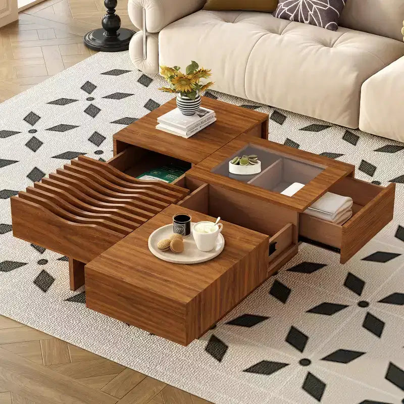 Extendable Square Coffee Table with Drawers & Tempered Glass Window