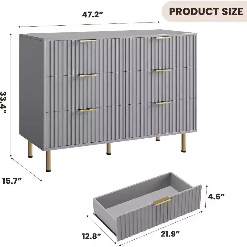 Fluted 6-Drawer Sideboard with Metal Legs, Water-Resistant MDF