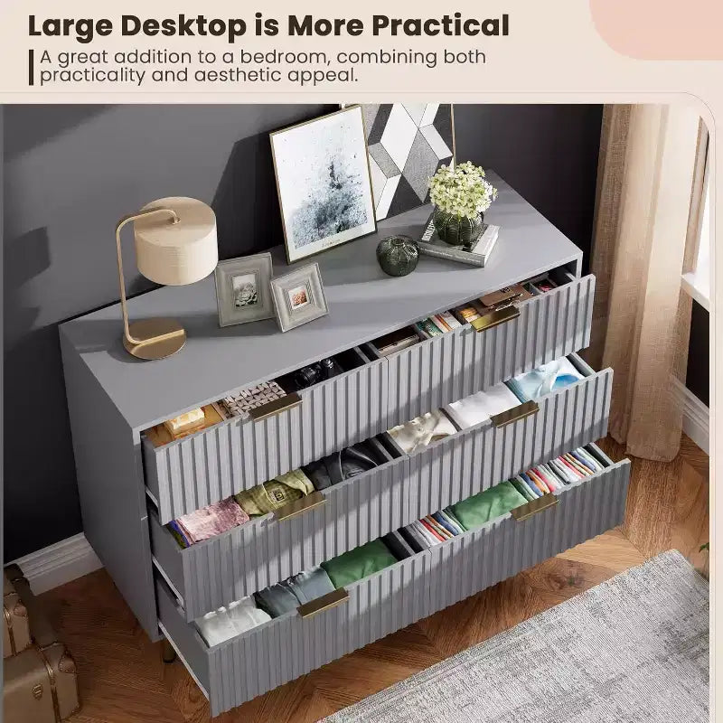 Fluted 6-Drawer Sideboard with Metal Legs, Water-Resistant MDF