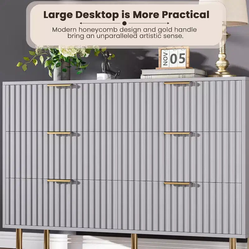 Fluted 6-Drawer Sideboard with Metal Legs, Water-Resistant MDF
