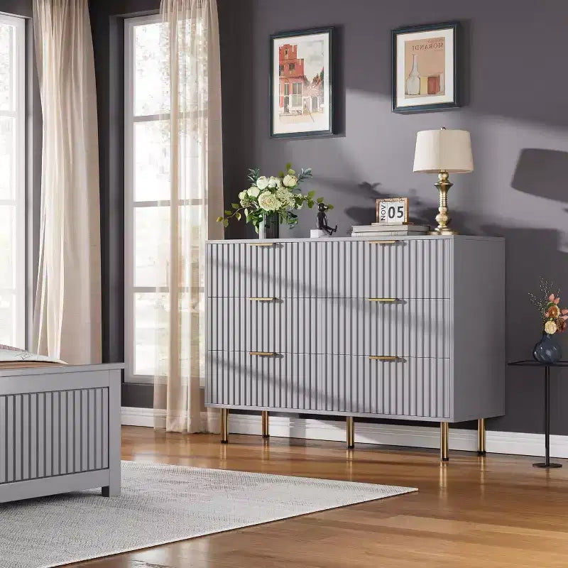 Fluted 6-Drawer Sideboard with Metal Legs, Water-Resistant MDF
