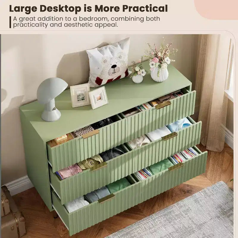 Fluted 6-Drawer Sideboard with Metal Legs, Water-Resistant MDF