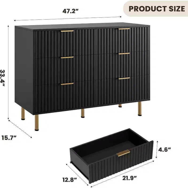 Fluted 6-Drawer Sideboard with Metal Legs, Water-Resistant MDF