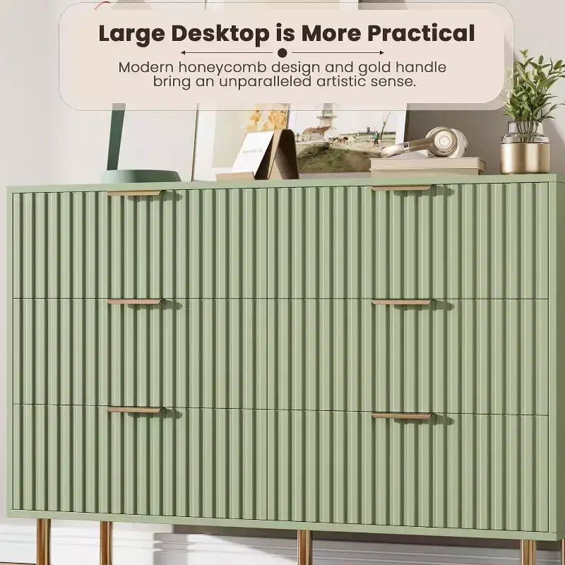 Fluted 6-Drawer Sideboard with Metal Legs, Water-Resistant MDF