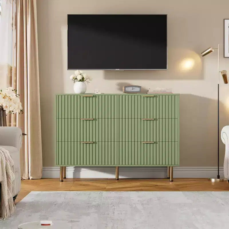 Fluted 6-Drawer Sideboard with Metal Legs, Water-Resistant MDF