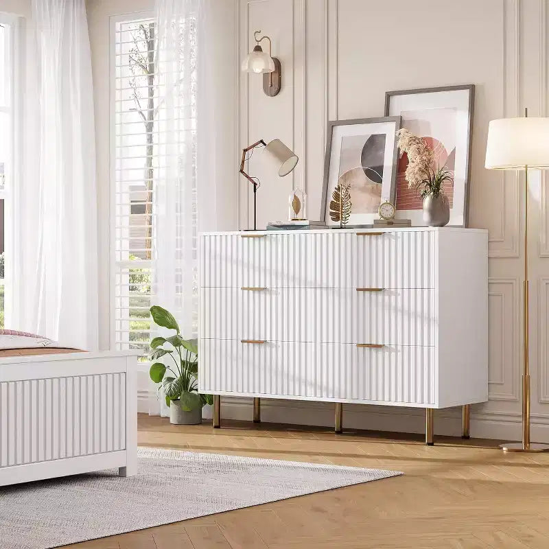 Fluted 6-Drawer Sideboard with Metal Legs, Water-Resistant MDF
