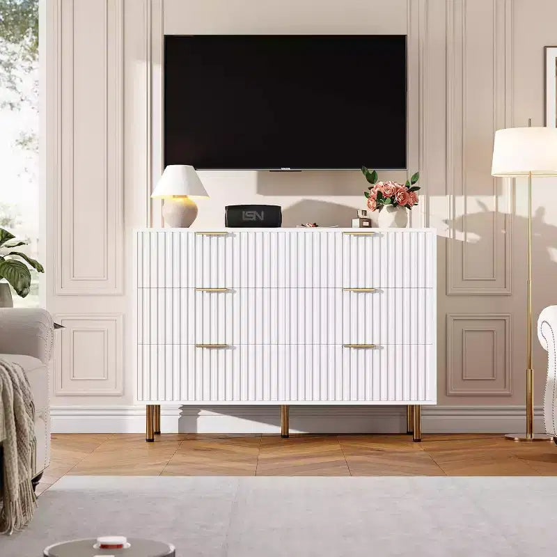 Fluted 6-Drawer Sideboard with Metal Legs, Water-Resistant MDF
