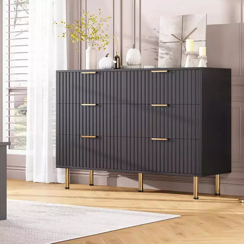Fluted 6-Drawer Sideboard with Metal Legs, Water-Resistant MDF