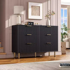 Modern Sideboard with Fluted 6 Deep Drawers & Metal Legs, Wooden Dresser Organizer, Side Table for Bedroom Living Room Hallway Kids Room