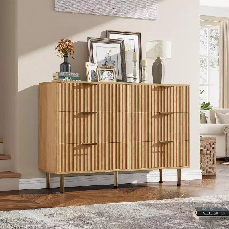 Fluted 6-Drawer Sideboard with Metal Legs, Water-Resistant MDF