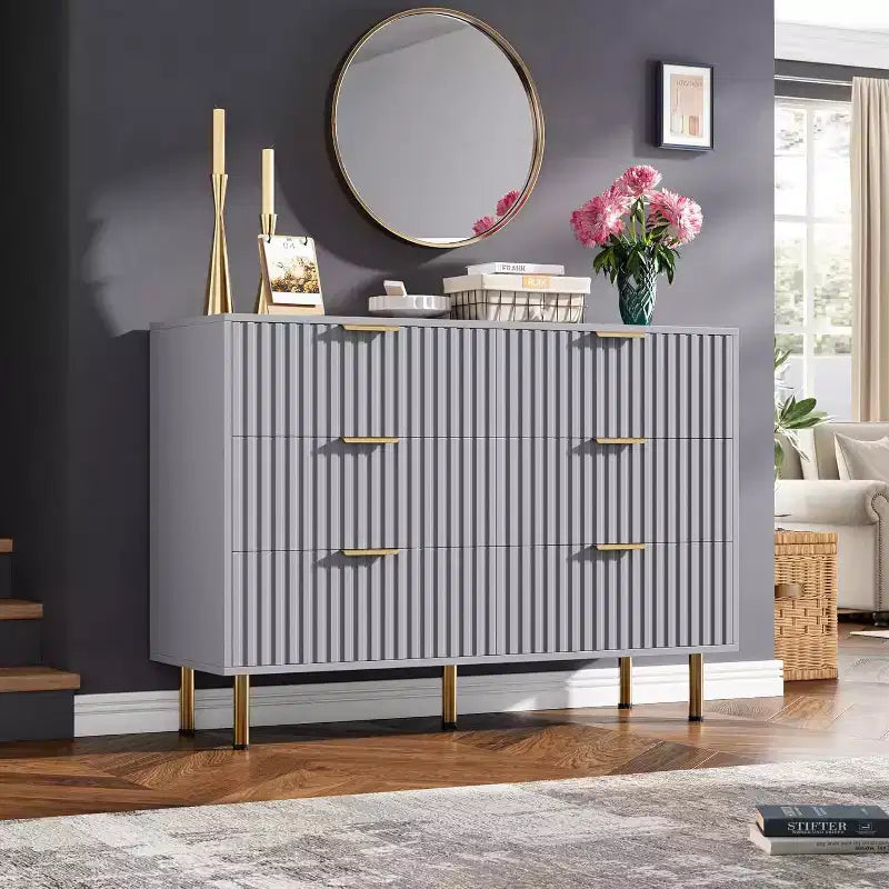 Fluted 6-Drawer Sideboard with Metal Legs, Water-Resistant MDF
