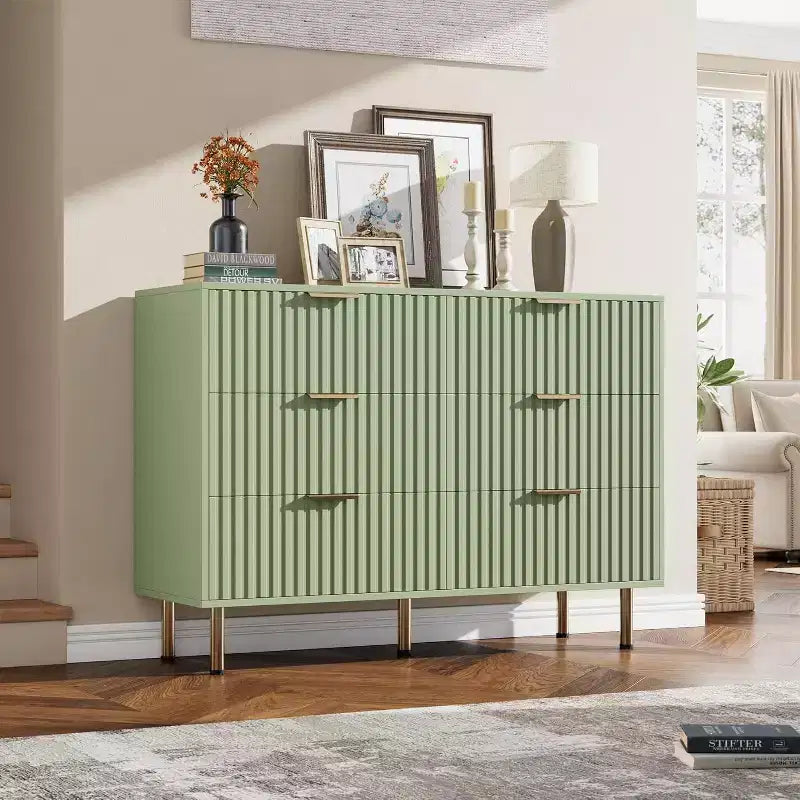 Fluted 6-Drawer Sideboard with Metal Legs, Water-Resistant MDF