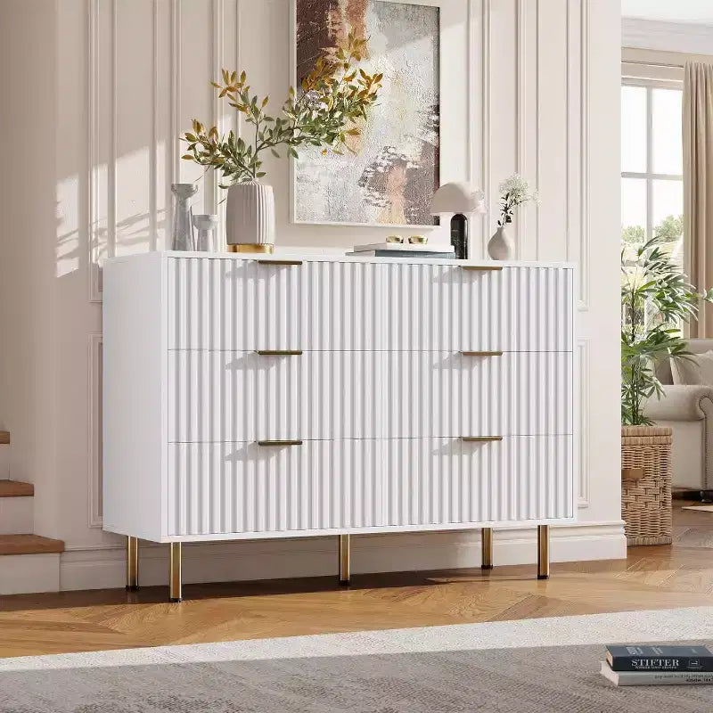Fluted 6-Drawer Sideboard with Metal Legs, Water-Resistant MDF