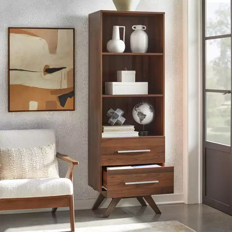 71" Tall Shelf Tower with 3 Shelves & Drawers, Walnut Finish