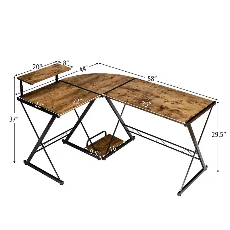 58"x44" L-Shaped Computer Gaming Desk with Monitor Stand & CPU Tray