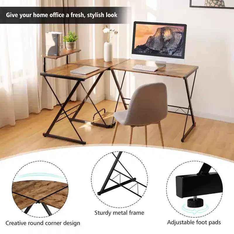 58"x44" L-Shaped Computer Gaming Desk with Monitor Stand & CPU Tray