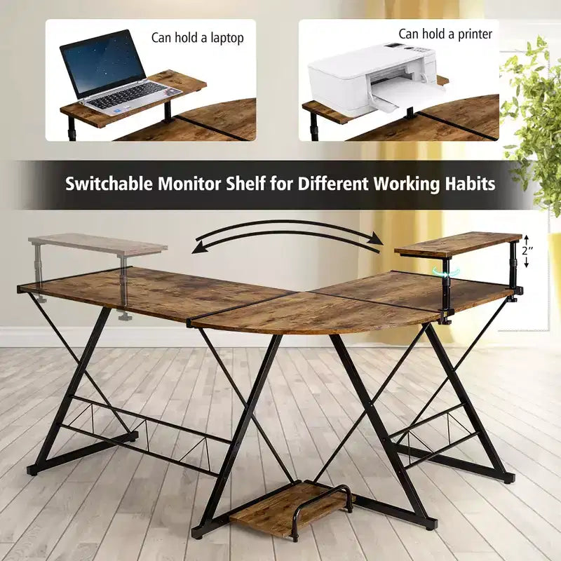 58"x44" L-Shaped Computer Gaming Desk with Monitor Stand & CPU Tray
