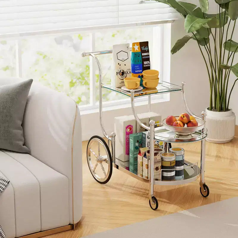 3-Tier Bar Serving Cart on Wheels with Mirrored Shelves