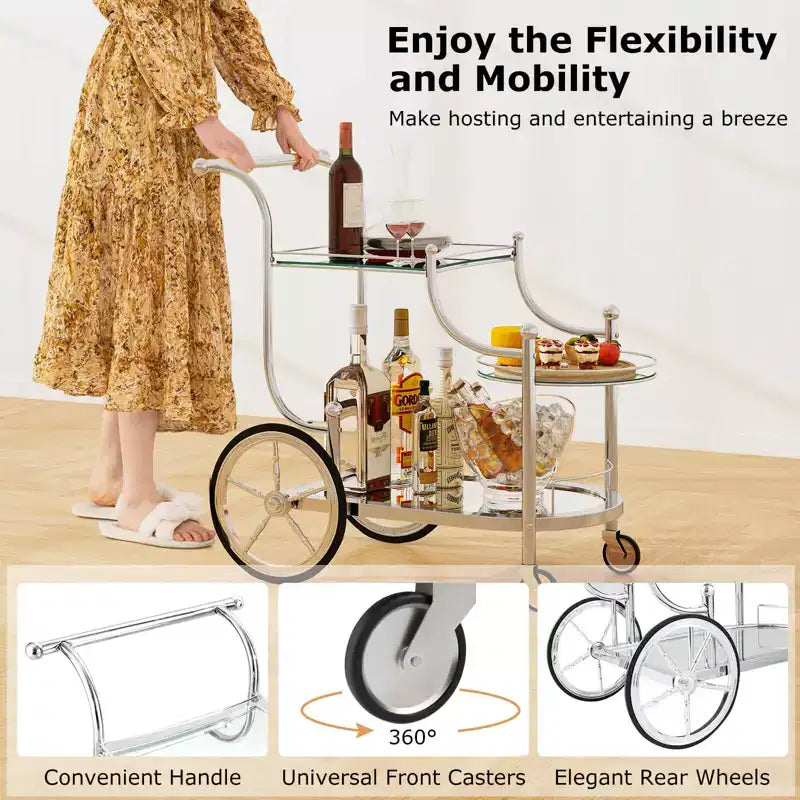 3-Tier Bar Serving Cart on Wheels with Mirrored Shelves