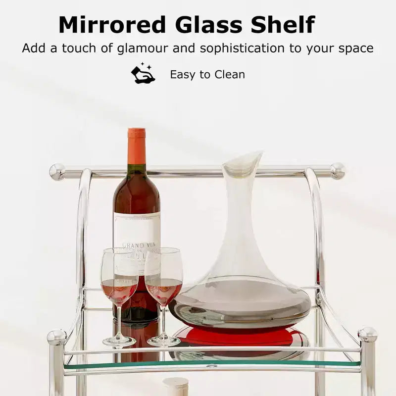 3-Tier Bar Serving Cart on Wheels with Mirrored Shelves